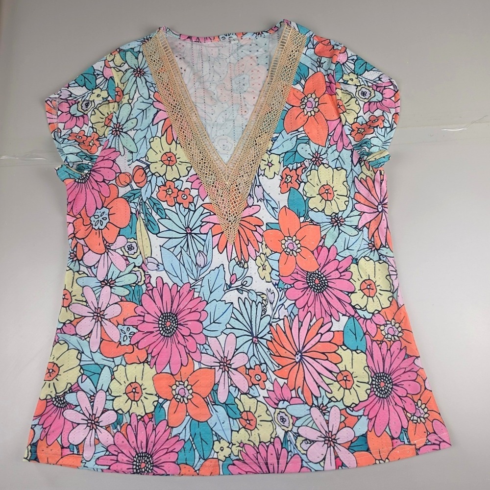 Unbranded Floral V-Neck Top Women L Multicolor Excellent Lace Trim Short Sleeve